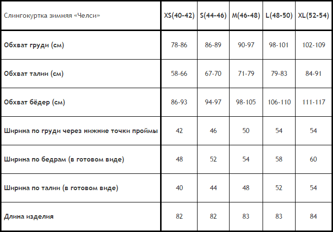 замеры слингокуртки