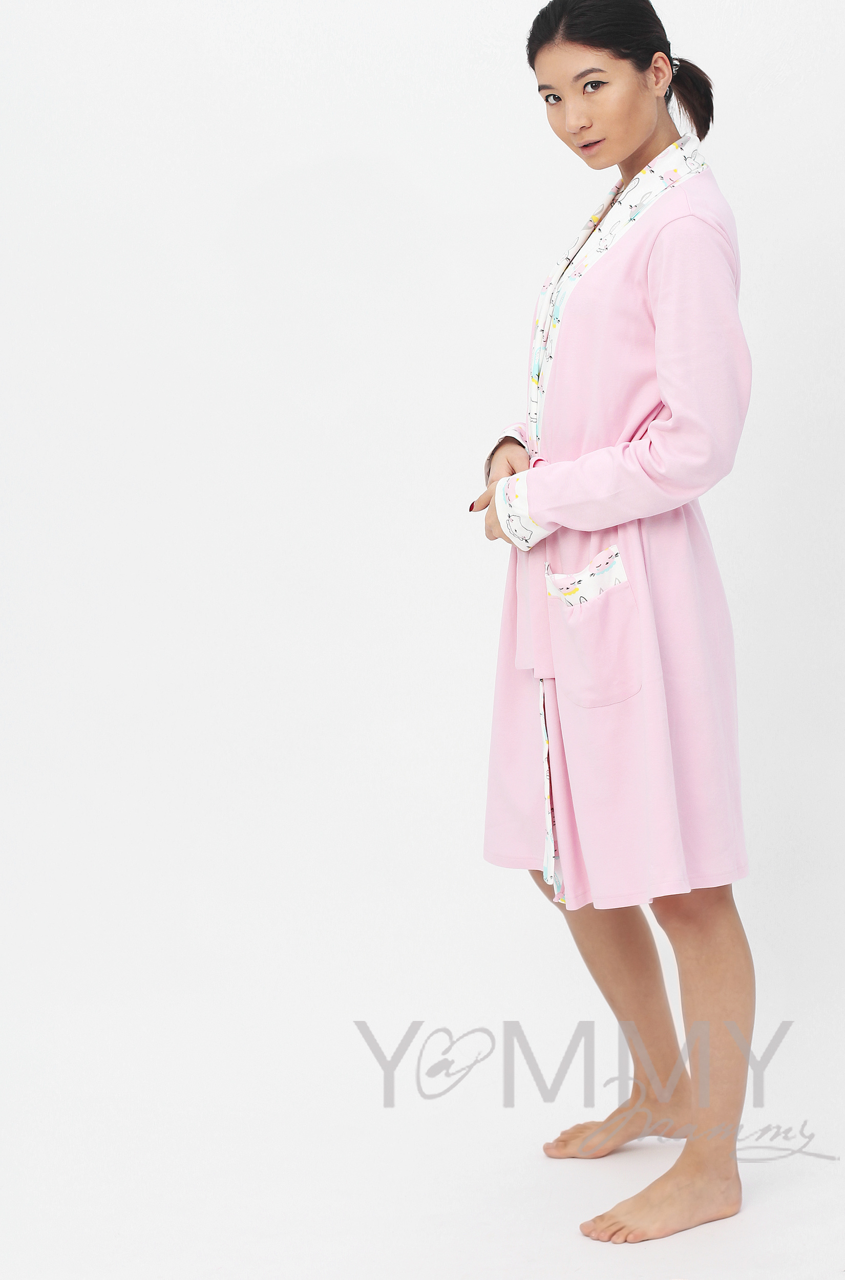 Комплект халат с сорочкой розовый с принтом котики/зайчики