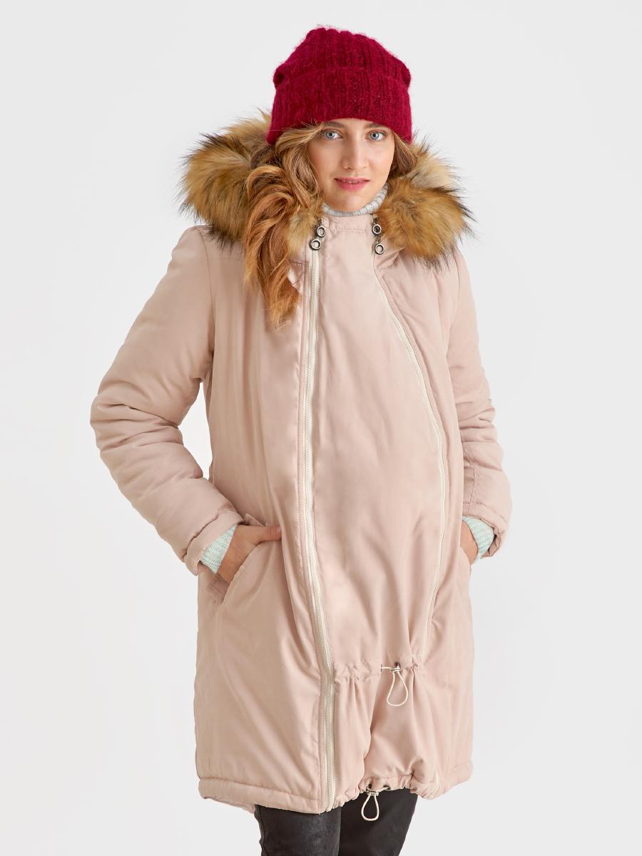 Слингокуртка зимняя - парка для беременных 3 в 1 с мехом, пудровый