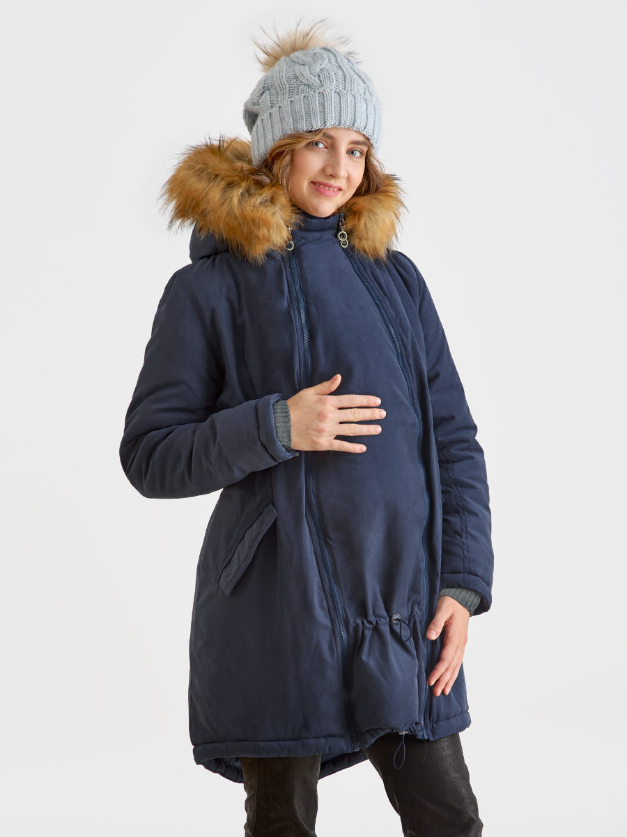 Слингокуртка зимняя - парка для беременных 3 в 1 с мехом, синий