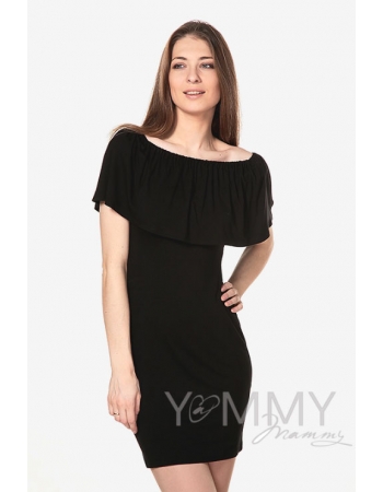 Платье "майка" для беременных и кормящих с воланом на плечах, черное