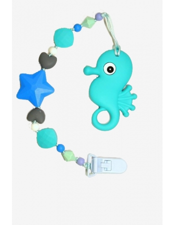 Силиконовый прорезыватель с держателем Океан, бирюзовый