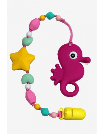 Силиконовый прорезыватель с держателем Океан, фуксия