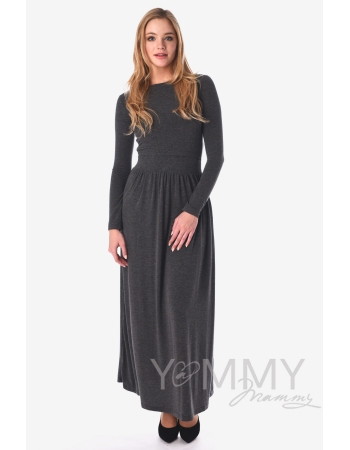 Платье длинное для кормящих и беременных с карманами, темно-серый меланж