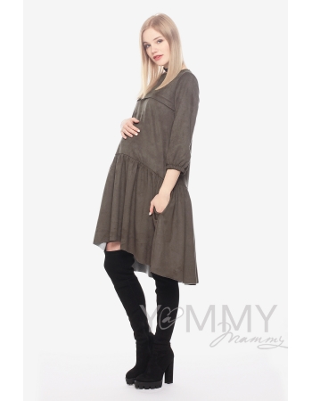 Замшевое платье для кормящих и беременных с воланом, мокко