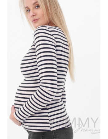 Лонгслив для кормящих и беременных, бежевый в синюю полоску