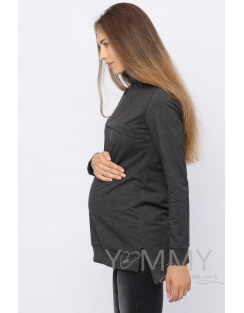 Джемпер для беременных и кормящих с высоким горлом, темно-серый меланж