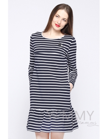 Платье для кормящих и беременных с воланом, синее в полоску