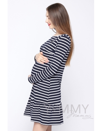 Платье для кормящих и беременных с воланом, синее в полоску