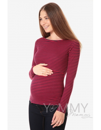 Лонгслив для кормящих и беременных, бордовый в синюю полоску