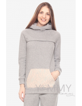 Толстовка для кормящих и беременных "худи" с начесом, серый меланж