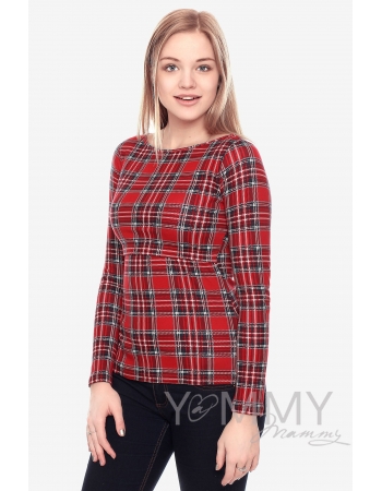 Лонгслив для кормящих и беременных, в красную клетку