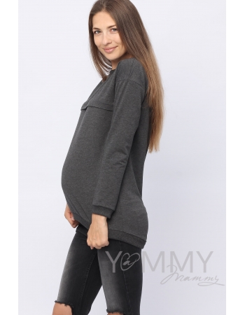 Джемпер для кормящих и беременных с удлиненной спинкой, темно-серый меланж