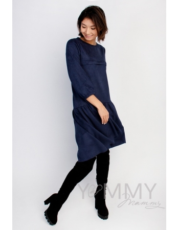 Замшевое платье для беременных и кормящих с воланом, темно-синее