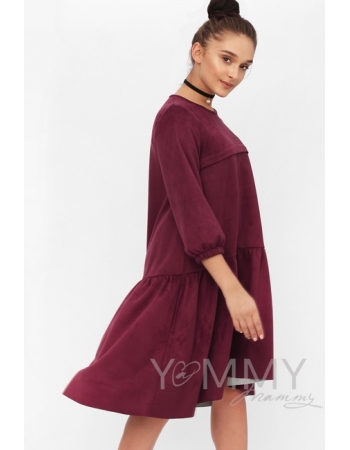 Замшевое платье для кормящих и беременных с воланом, марсала