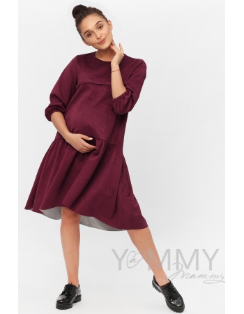 Замшевое платье для кормящих и беременных с воланом, марсала