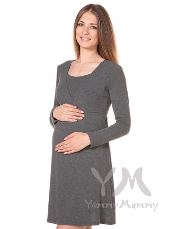 Платье с пояском на спине для беременных и кормящих, серый меланж