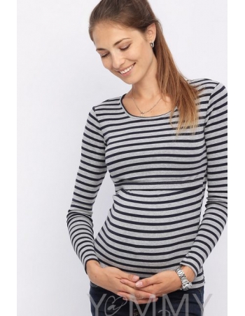 Лонгслив для беременных и кормящих, серый в синюю полоску