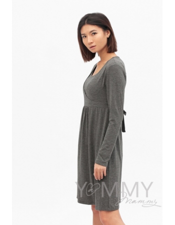 Платье с пояском на спине для беременных и кормящих, серый меланж