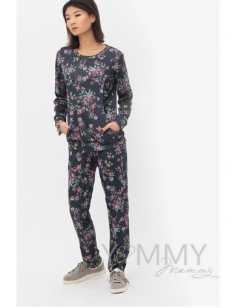 Костюм для кормящих и беременных с цветочным принтом, темно-синий меланж