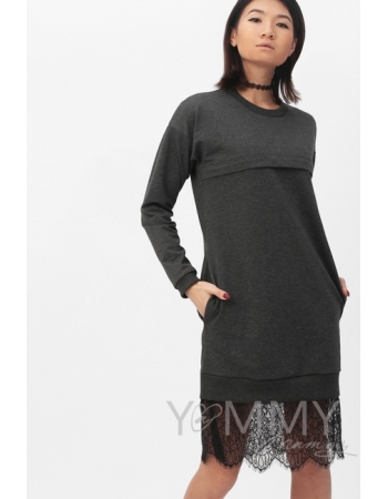 Платье для кормящих и беременных с кружевом, темно-серый меланж