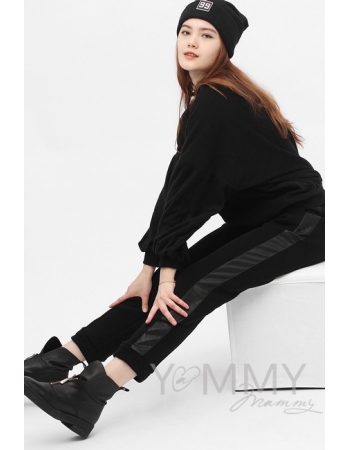 Брюки для кормящих и беременных универсальные, с кожаными лампасами с начесом черные