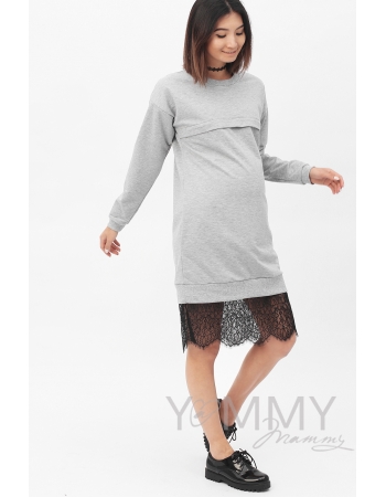 Платье для кормящих и беременных с кружевом, серый меланж
