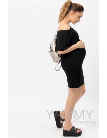 Платье "майка" с воланом на плечах черное для беременных