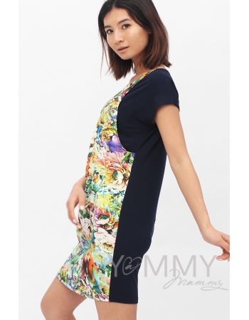 Платье-туника для беременных и кормящих, темно-синее с цветочным принтом