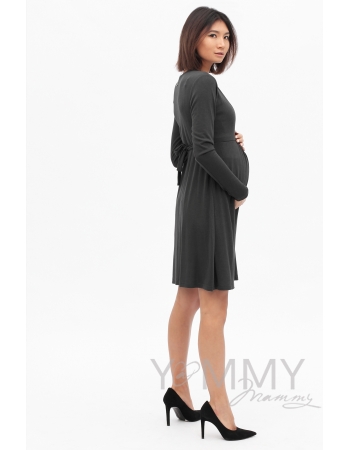 Платье графитовое с пояском на спине для беременных