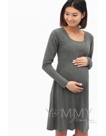 Платье с пояском на спине для беременных и кормящих, серый меланж