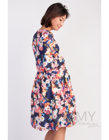 Платье для кормящих и беременных со складками, синий/цветы