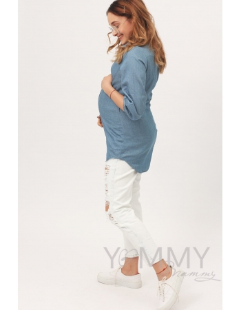 Рубашка для кормящих и беременных джинсовая, голубая в горошек