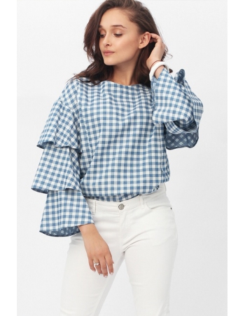Блуза для кормящих и беременных джинс с воланами на рукавах, голубая в клеточку