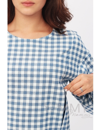 Блуза для кормящих и беременных джинс с воланами на рукавах, голубая в клеточку