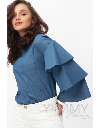 Блуза для беременных и кормящих джинс с воланами на рукавах, синий