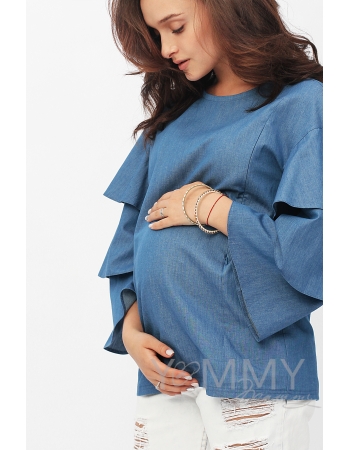 Блуза для беременных и кормящих джинс с воланами на рукавах, синий