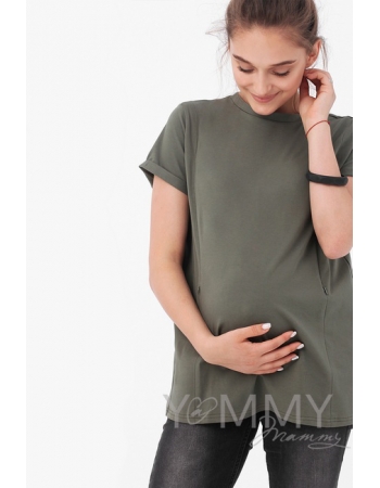 Футболка для беременных и кормящих с запахом на спине, цвет хаки