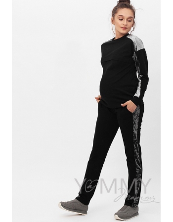 Костюм для беременных и кормящих с отделкой из велюра, черный