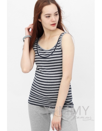 Майка для кормящих и беременных в полоску, серый меланж/синий