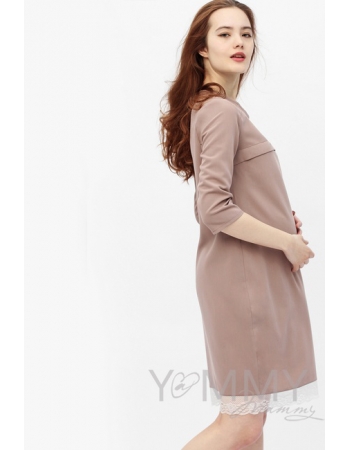 Платье для беременных и кормящих с кружевом, капучино