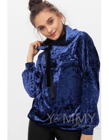 Толстовка для беременных и кормящих с капюшоном из велюра, цвет сапфир
