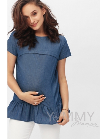 Блуза для беременных и  кормящих с воланом, деним