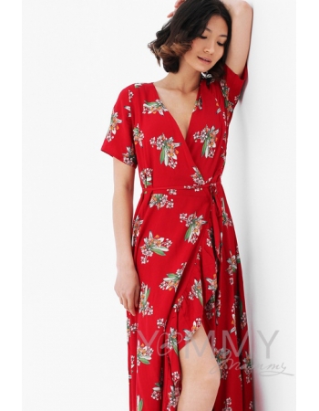 Платье для кормящих и беременных длинное на запах с цветочным принтом, красное