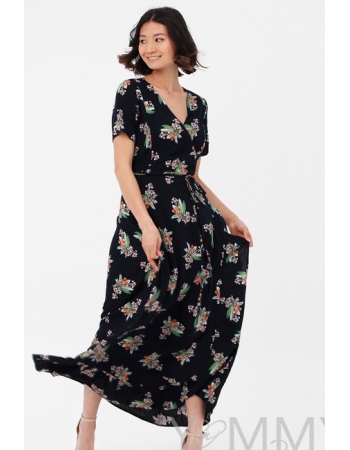Платье для беременных и кормящих длинное на запах с цветочным принтом, темно-синее