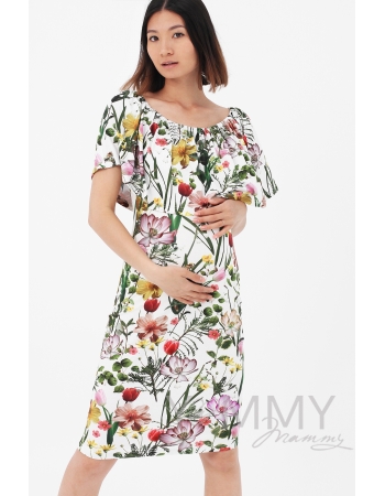 Платье "майка" для беременных и кормящих с воланом на плечах, цвет экрю / цветы