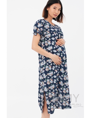 Платье для кормящих и беременных с пояском и цветочным принтом, цвет синий
