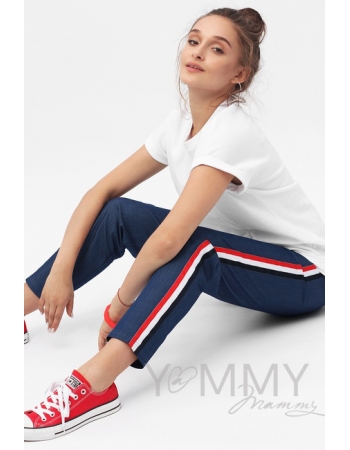 Брюки для беременных и кормящих универсальные джинс с лампасами, цвет синий