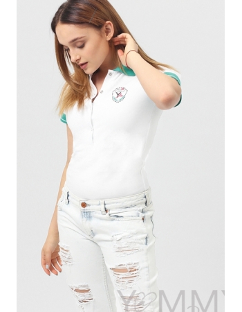 Футболка поло для кормящих и беременных, белая с зеленым воротником