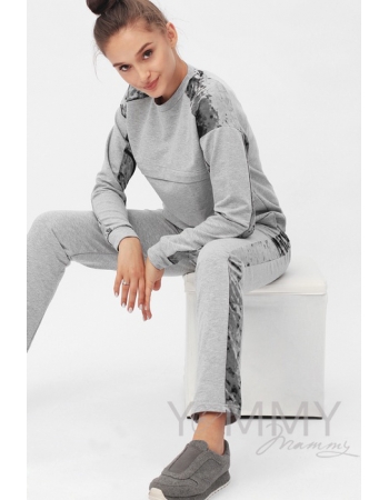 Костюм для кормящих и  беременных с отделкой из велюра, серый меланж
